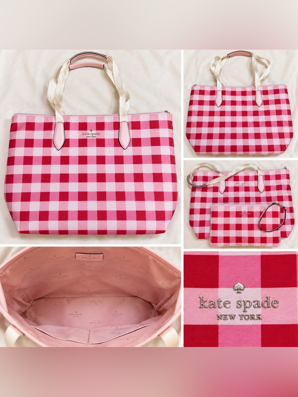 Kate Spade Pink Gingham Tote Bag & Matching Wristlet Set